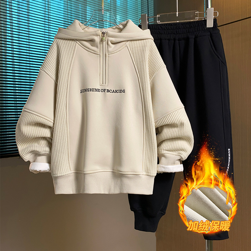 Children's clothing boys' hoodie set for autumn and winter 2025, new style, rugged and handsome, mid size children's autumn and winter with fleece hooded hoodie two-piece set