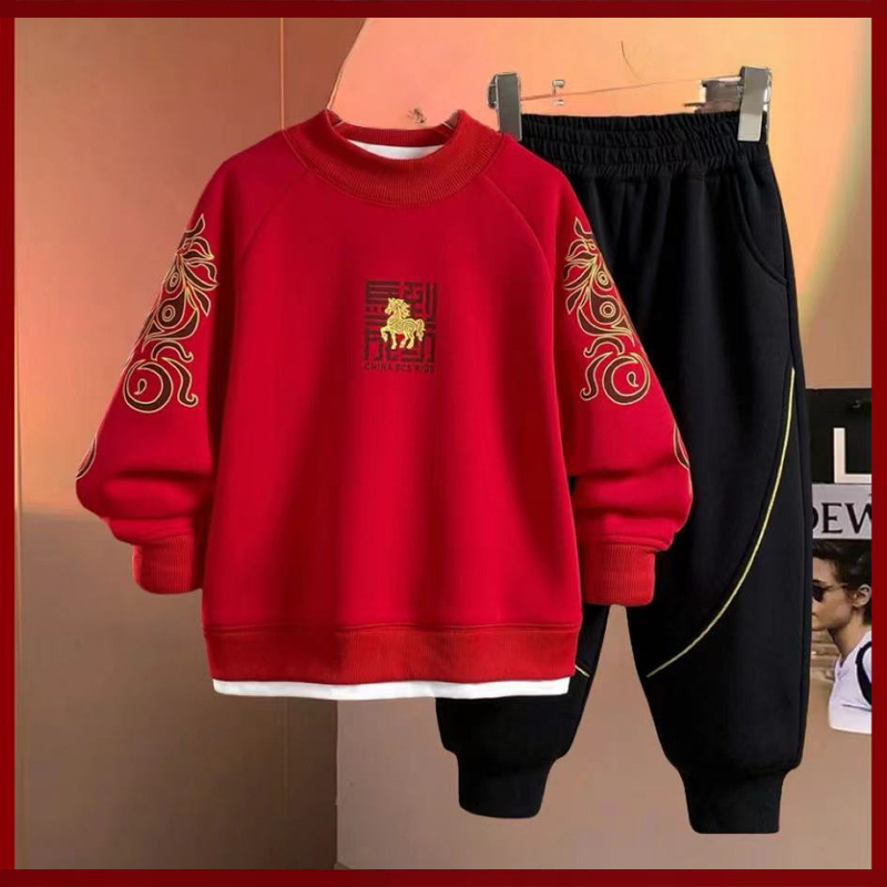 Boys' Winter Red New Year's Clothing Set 2025 New Winter Clothing Medium and Large Children's Boys' Celebration Two Piece Set Trendy Cool