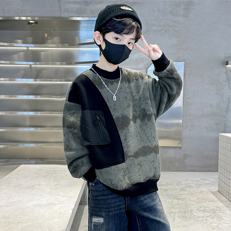 Children's boys' one-piece fleece hoodie for autumn and winter, 2025 new model, thick boys' warm top for big children in winter