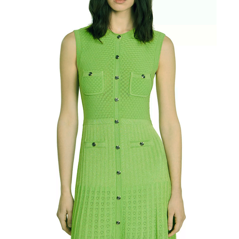 2025 Summer French style niche single breasted fashionable elegant slimming knitted dress women's long skirt sleeveless small stature