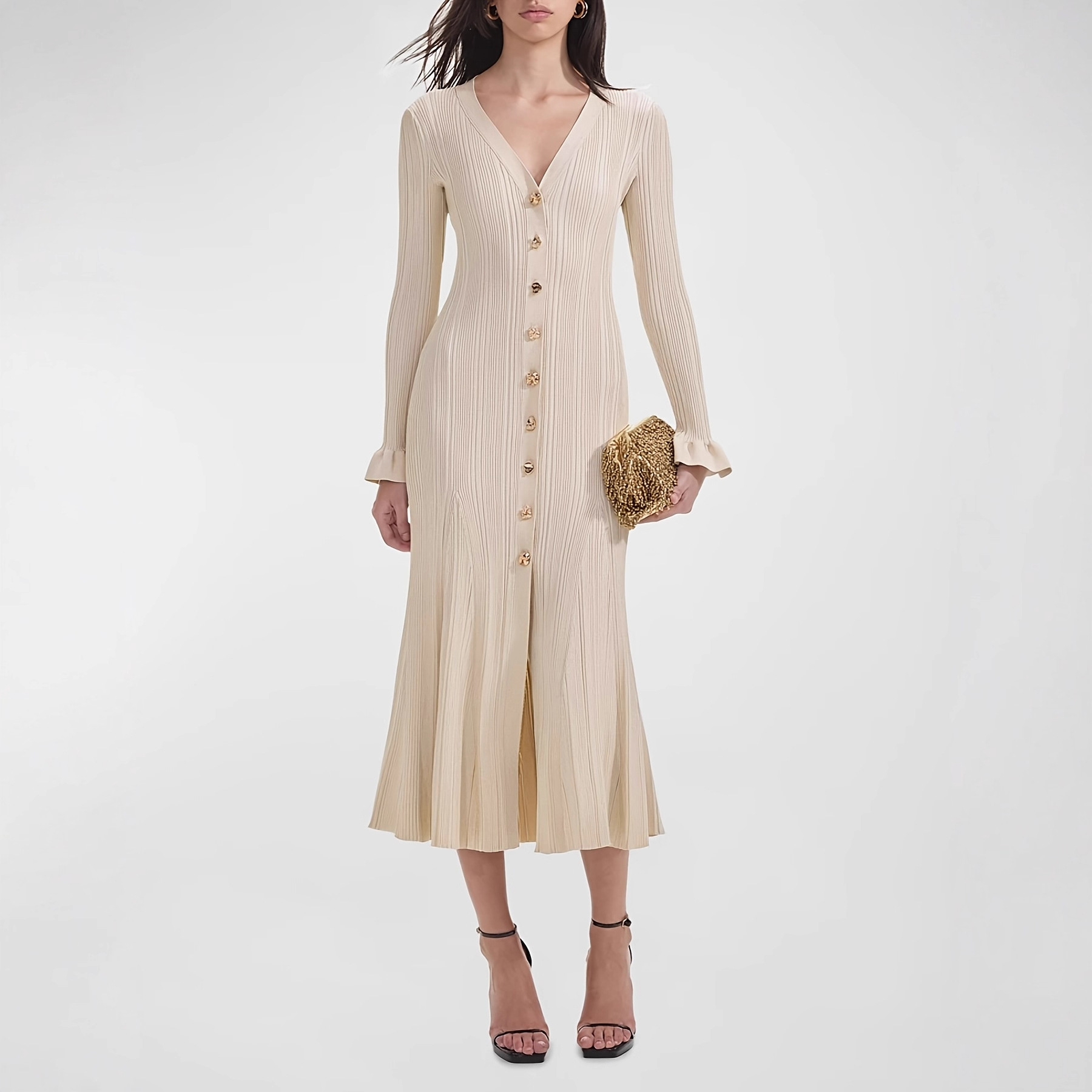 25 cross-border autumn and winter new French socialite light luxury flash line V-neck long sleeved slim fit waist knit sweater dress