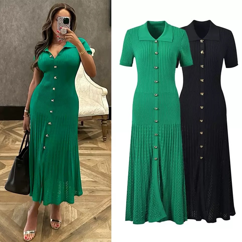 Cross border European and American polo collar gold buckle fur dress, waist cinching long skirt, short sleeved hollow knit dress, autumn and winter new style