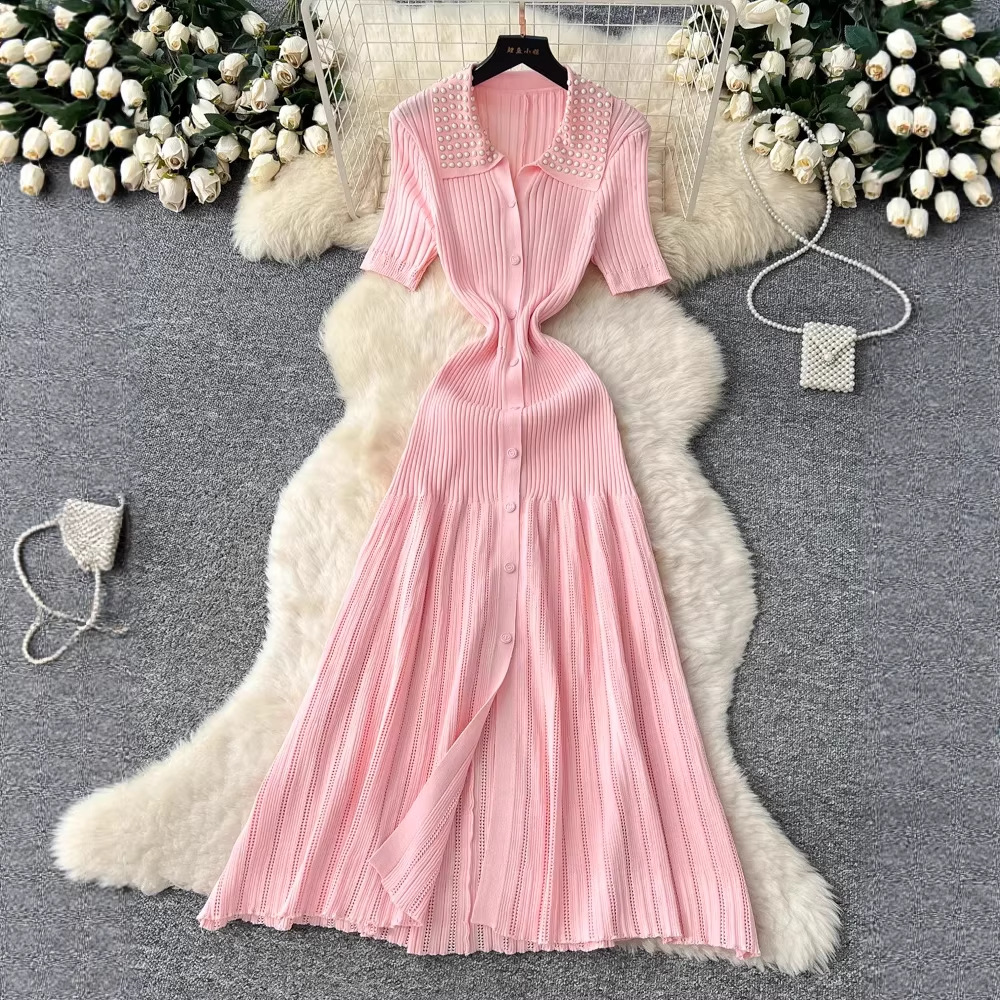European and American summer new women's clothing retro temperament nail bead lapel knitted dress French waist cinching elegant long skirt