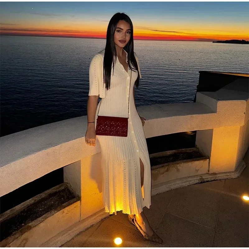 Cross border European and American women's clothing AliExpress new short sleeved button slit coat knitted dress fashionable temperament