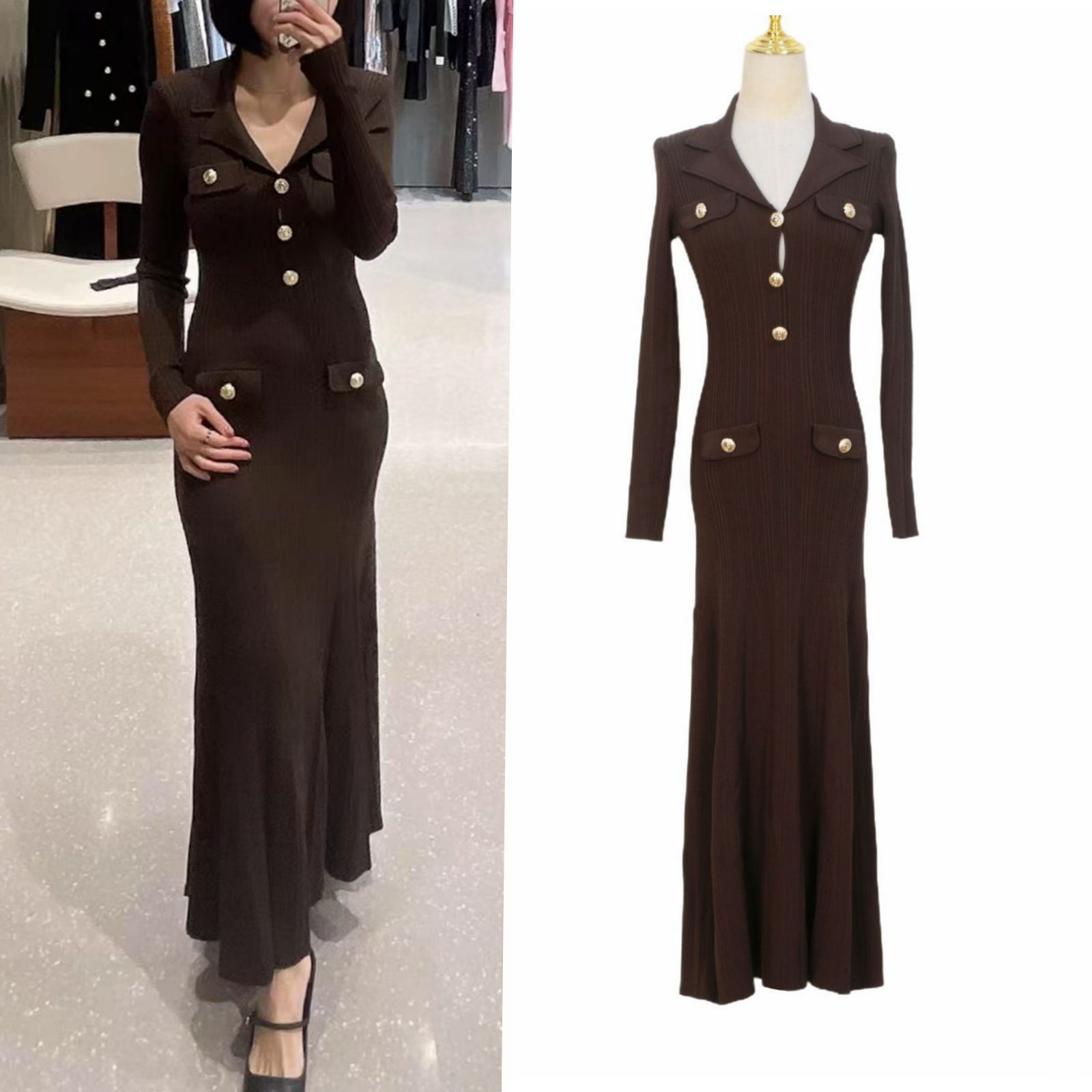 French socialite knitted dress with small fragrant style V-neck waist cinched long skirt 2025 winter style