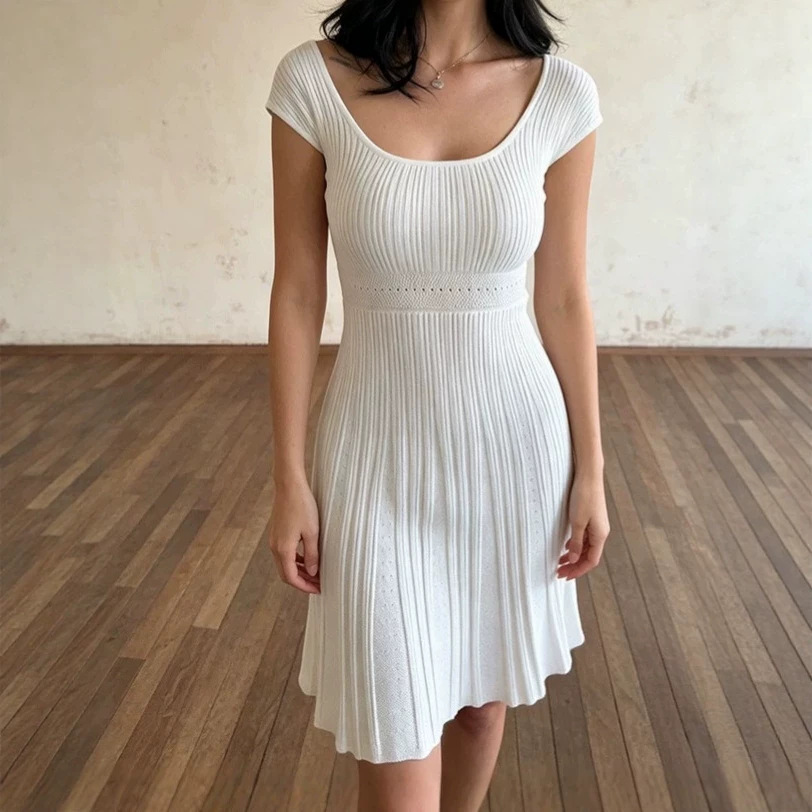 SKINLESS | French U-neck A-line mid length dress with high elasticity, waist cinching, jacquard design for dating and vacation