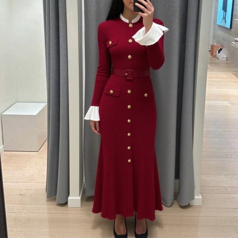 S Home 2026 Autumn and Winter Cross border European and American French New Style Elegant Women's Long sleeved Knitted Sweater Dress