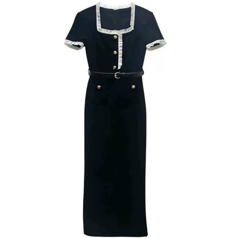Foreign trade SP spring and summer new black commuter slim fit simple short sleeved square neck lace trimmed dress temperament commuting