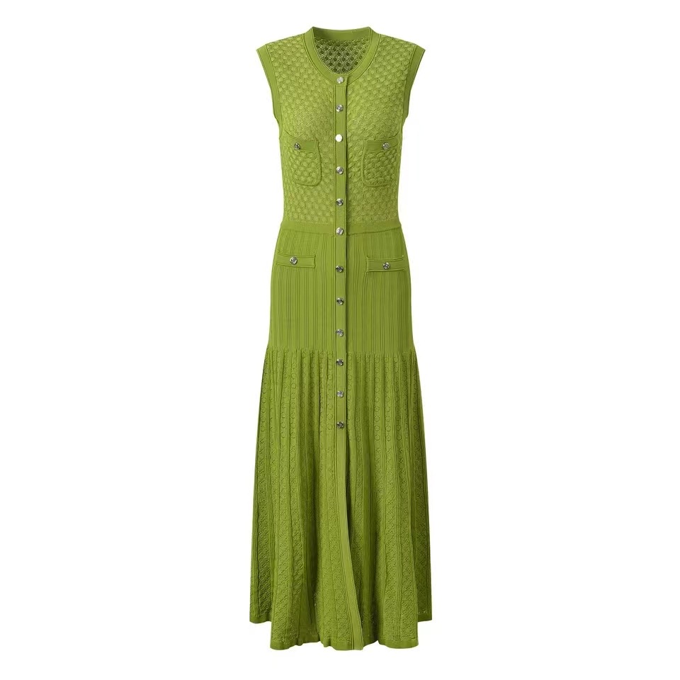 Cross border French style S Home 2025 summer new sleeveless knitted dress with hollowed out slim fit, small fragrance style, long style, small black Cross border French style S Home 2025 summer new sleeveless knitted dress with hollowed out slim fit, small fragrance style, long style, small black