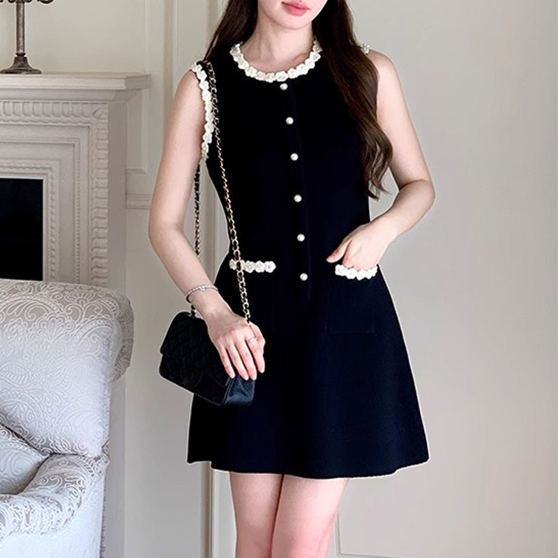 European and American cross-border spring and summer new style small fragrant lace nail bead skirt round neck sleeveless short skirt with waist cinching A slimming dress