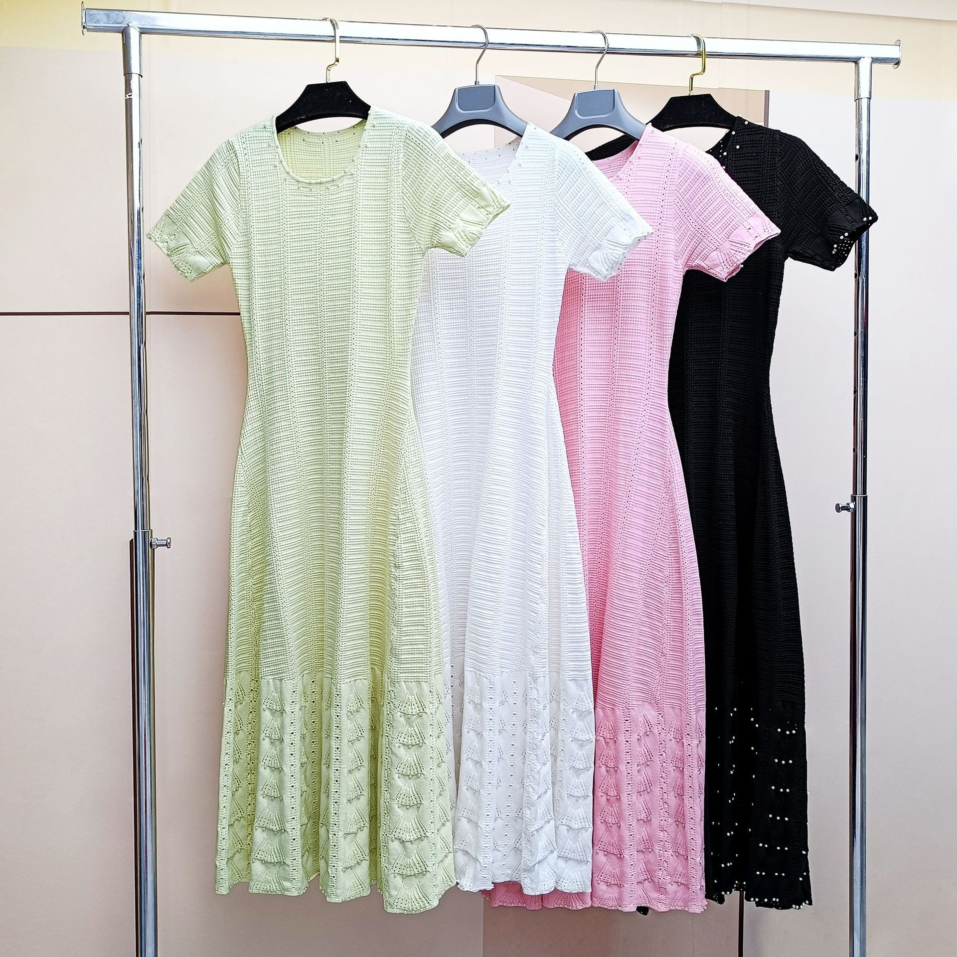M Cross border Amazon Spring/Summer New Round Neck Elegant Long Dress Commuter Retro Design Sense Short Sleeve Knitted Dress