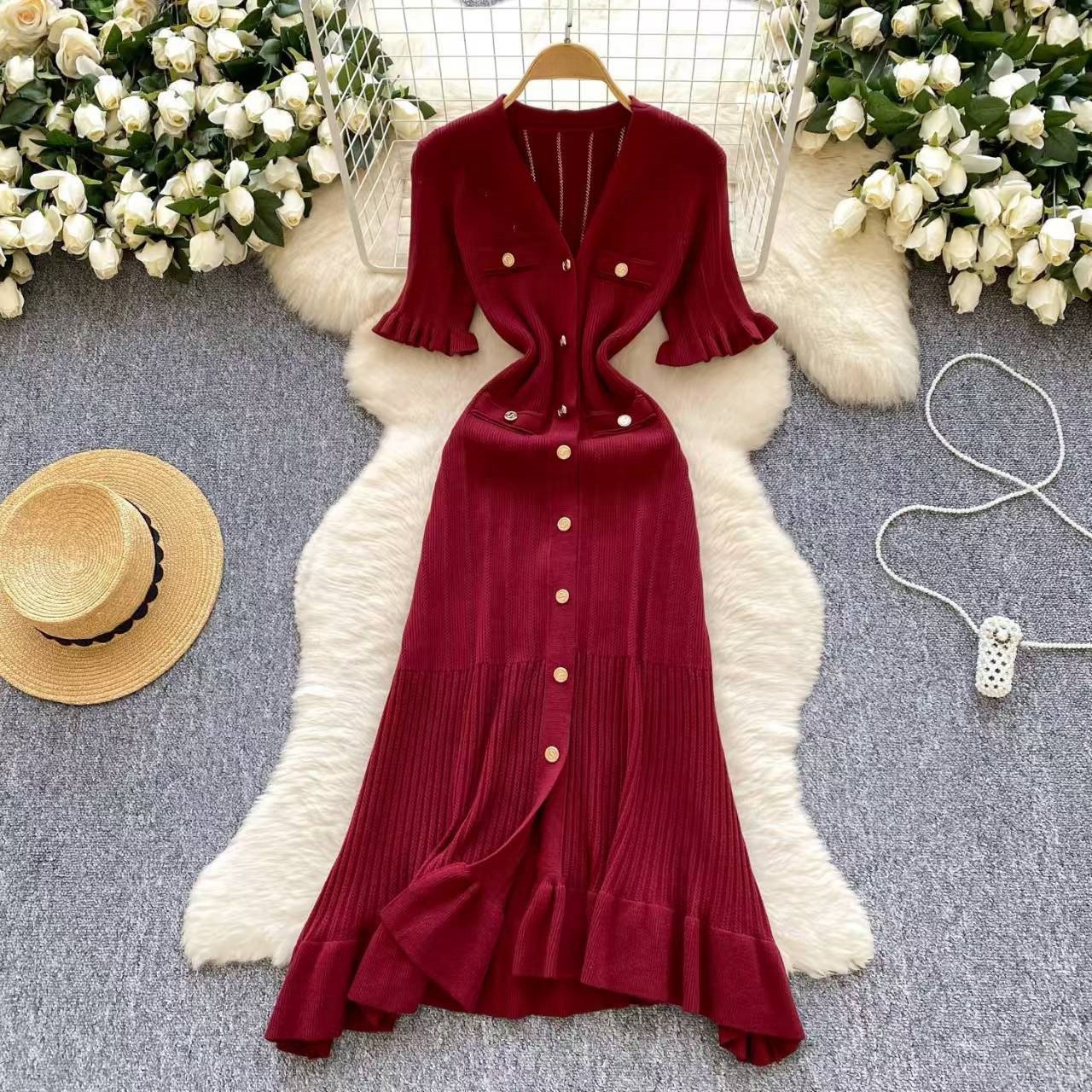 Cross border Europe and America 2025 long slim fit knitted dress, foreign trade high-quality socialite fish tail sweater, long skirt