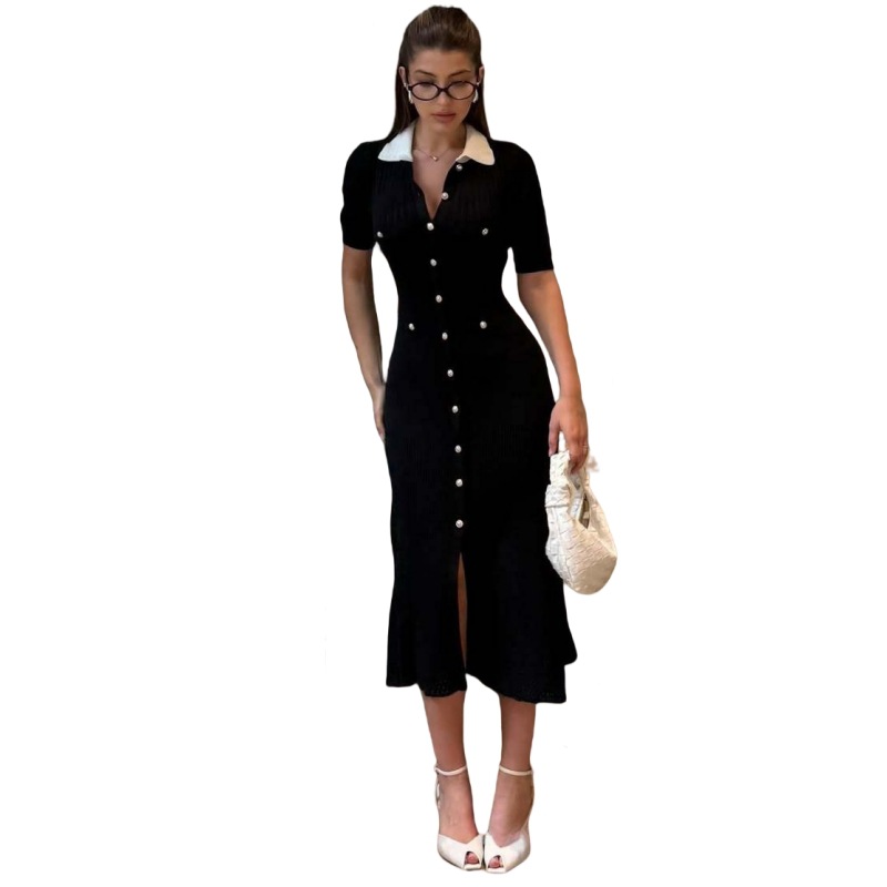 Cross border European and American AliExpress popular French SD home dress design sense and temperament V-neck single breasted knitted long skirt Cross border European and American AliExpress popular French SD home dress design sense and temperament V-neck single breasted knitted long skirt