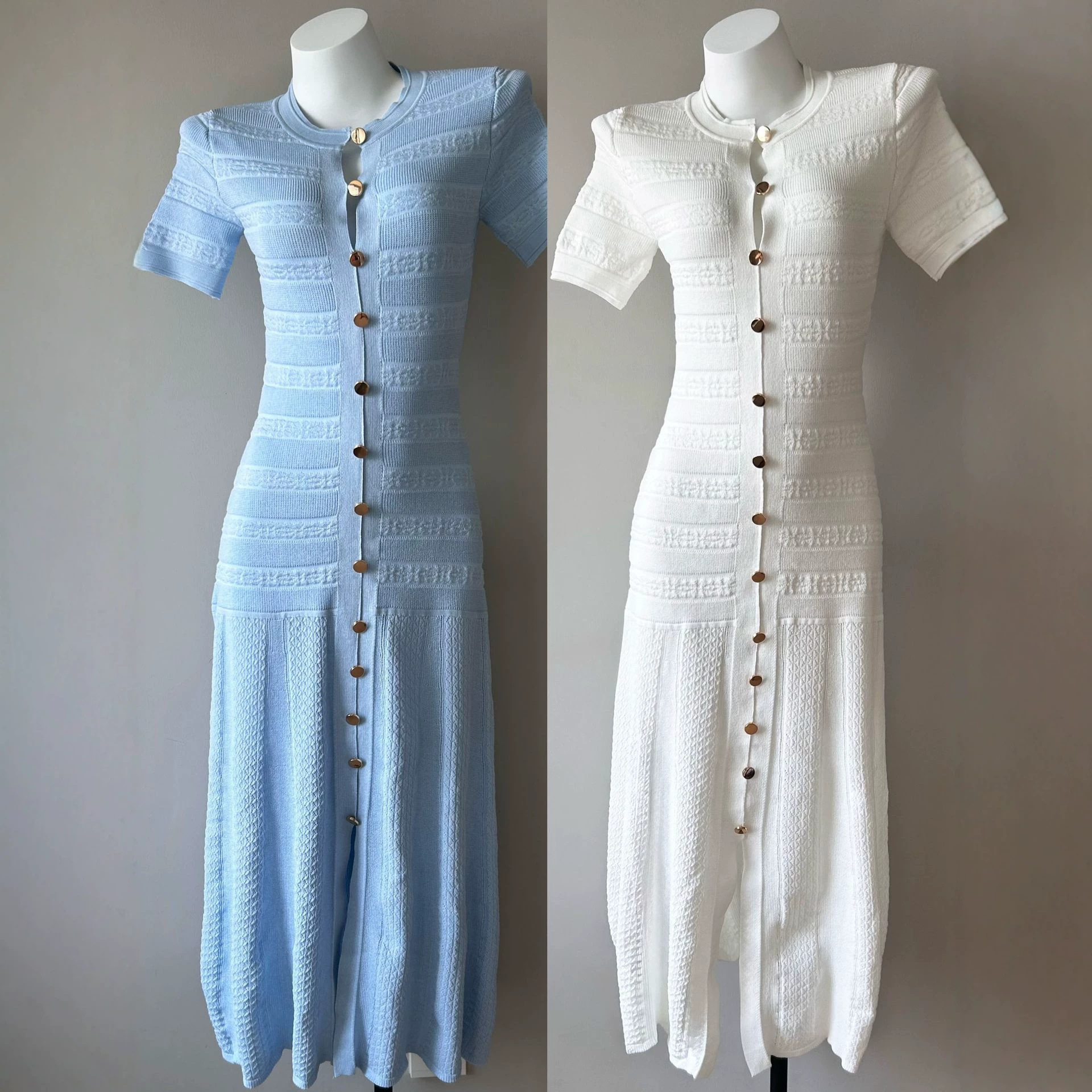 Foreign trade summer new temperament commuting versatile pullover round neck hollow hook flower slim knit long dress