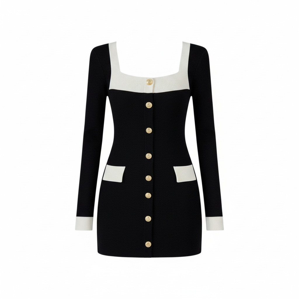 Cross border high-end fashion color blocking sexy slim fit autumn French waist cinching slimming temperament slim fit hip hugging knitted skirt