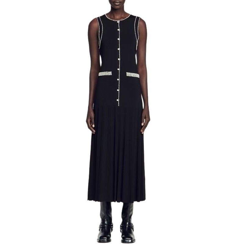Cross border French New Explosive Knitted Dress 2025 Spring/Summer Fashionable Pearl Round Neck Sleeveless Slimming Long Dress Cross border French New Explosive Knitted Dress 2025 Spring/Summer Fashionable Pearl Round Neck Sleeveless Slimming Long Dress