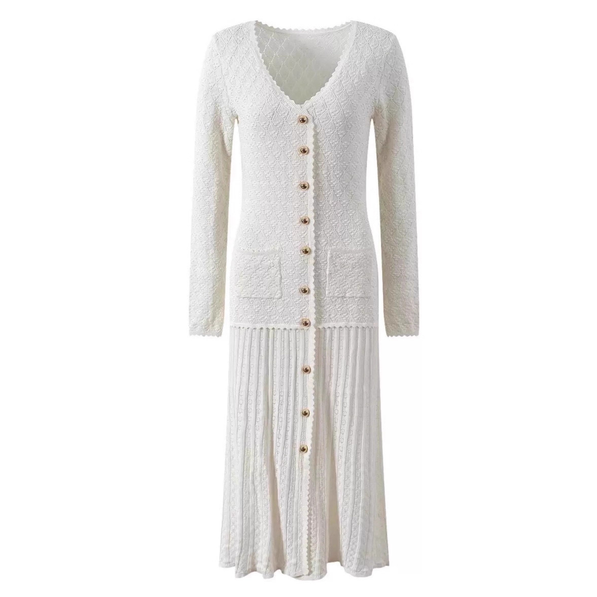 SD pure yuan cross-border elegant temperament socialite wave V-neck long sleeved three-dimensional hollow knitted slim fit dress long skirt