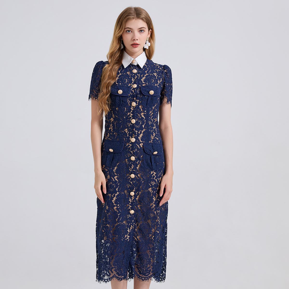 SP summer new popular items, new women's clothing, lapel, short sleeved, single breasted, high-end lace dress
