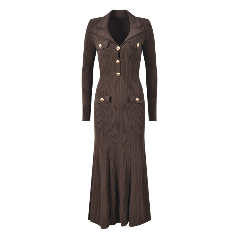 2025 autumn new French coffee color lapel metal buckle long sleeved slim fit and elegant fish tail long skirt