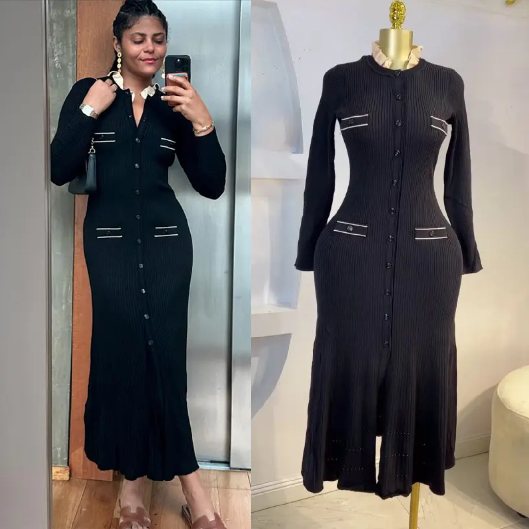 French cross-border new elegant design dress lace collar black long slim fit and slimming knitted long skirt