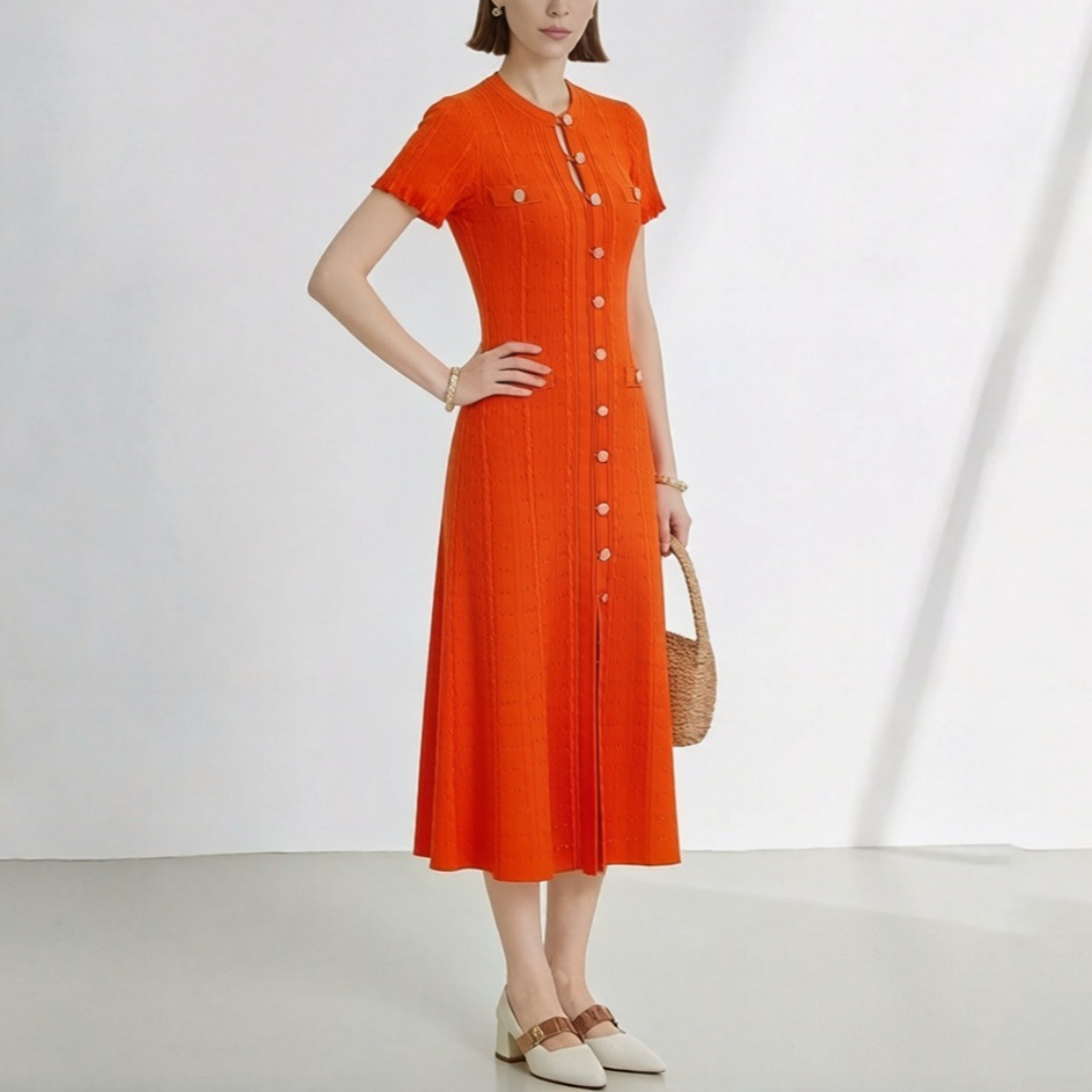 SD Home 2025 Summer Cross border Women's Clothing Style Slimming French Dress Women's Short Sleeve Round Neck Long Knitted Skirt