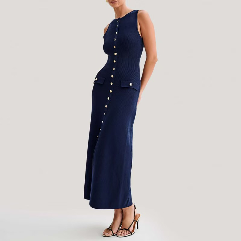 2025 Summer New Round Neck Sleeveless Single breasted High Waist Slimming Party Long Dress Church Wedding