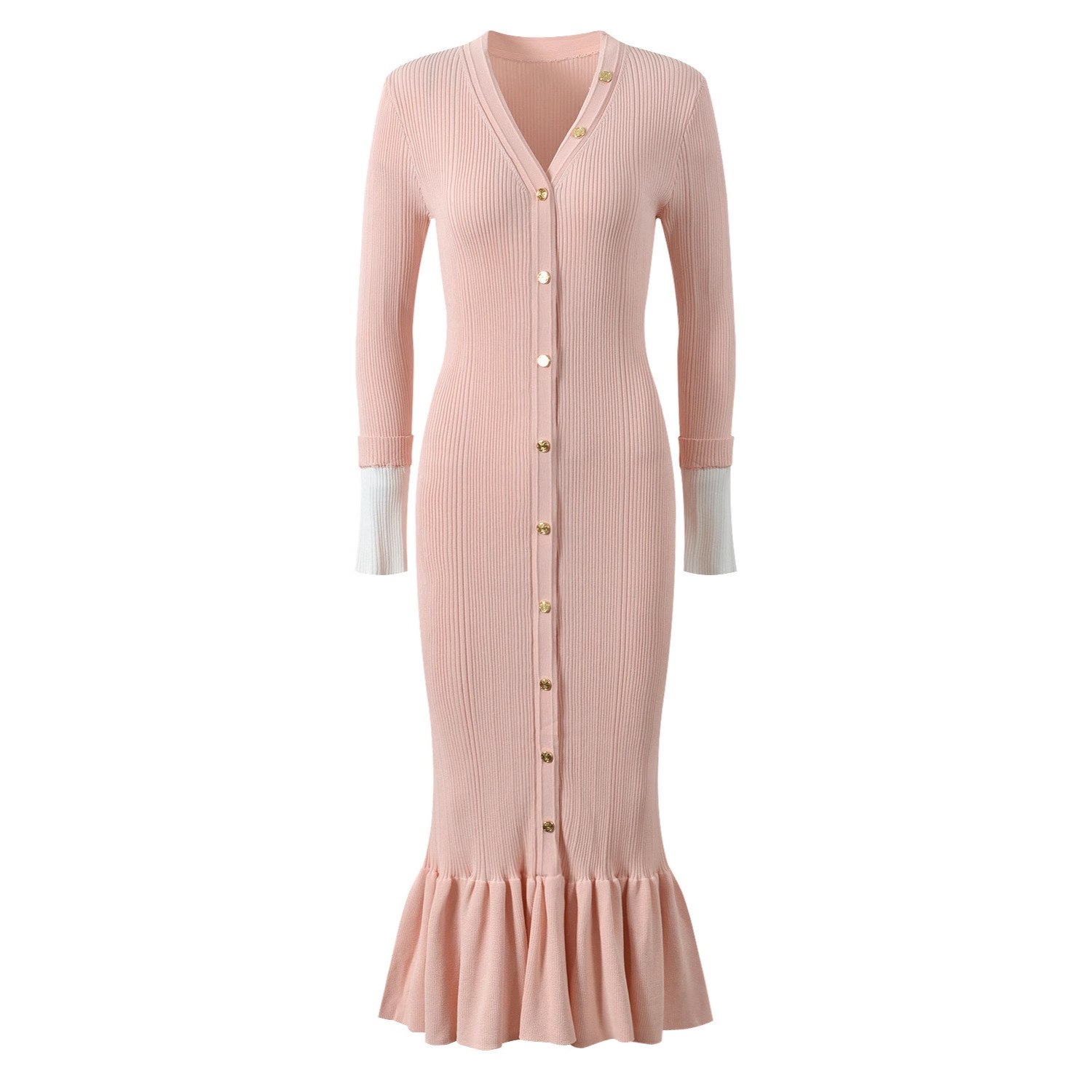 Spot S Home 2025 Autumn/Winter European and American New Foreign Trade Knitted Long Sleeve Dress V-neck Fishtail Long Skirt Big Swing Skirt
