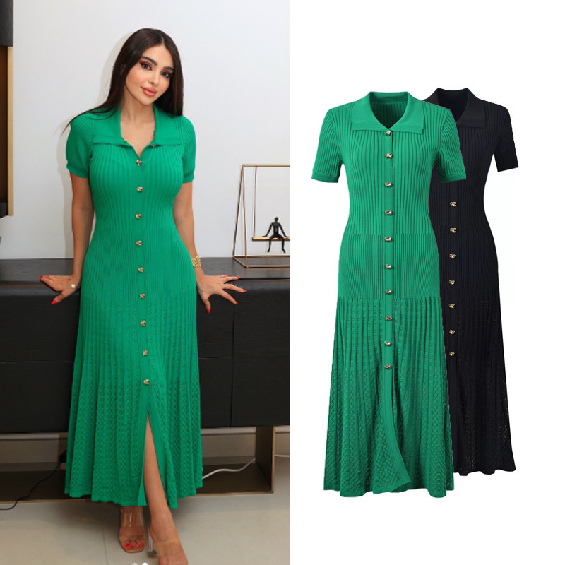 Cross border POLO collar knitted large swing skirt 2025 European and American slim fit waist mid length skirt women's knitted dress