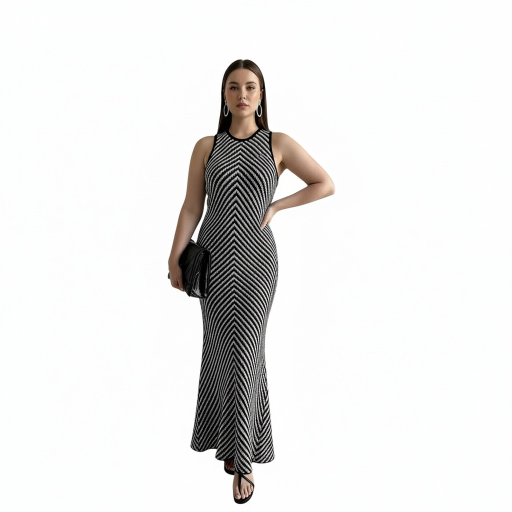 Cross border chic summer high-end round neck striped contrasting splicing bag hip slimming and slimming knitted dress