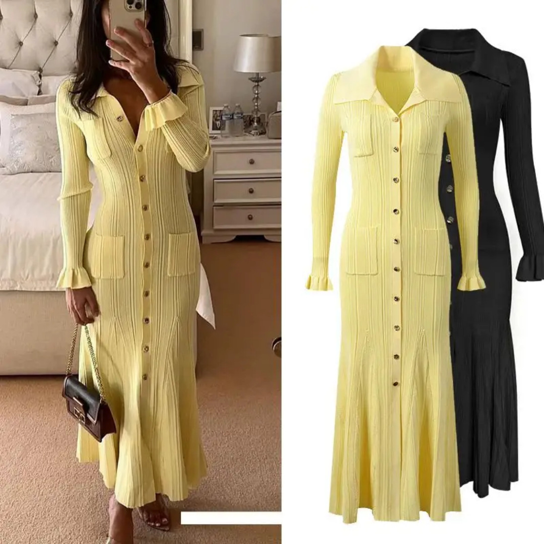 2025 Autumn/Winter New Large Swing Collar Knitted Dress French Elegant High Waist Waist Long Dress Christmas Short Sleeve
