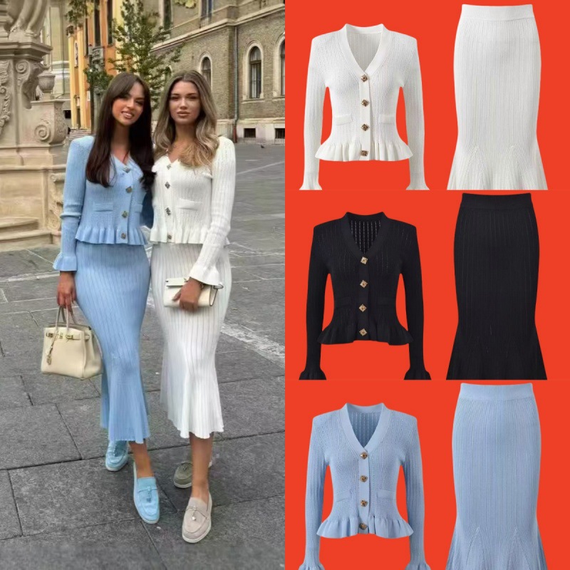 2025 autumn and winter dress with waist cinched flared sleeve knitted top+fish tail set coat dress autumn and winter long style