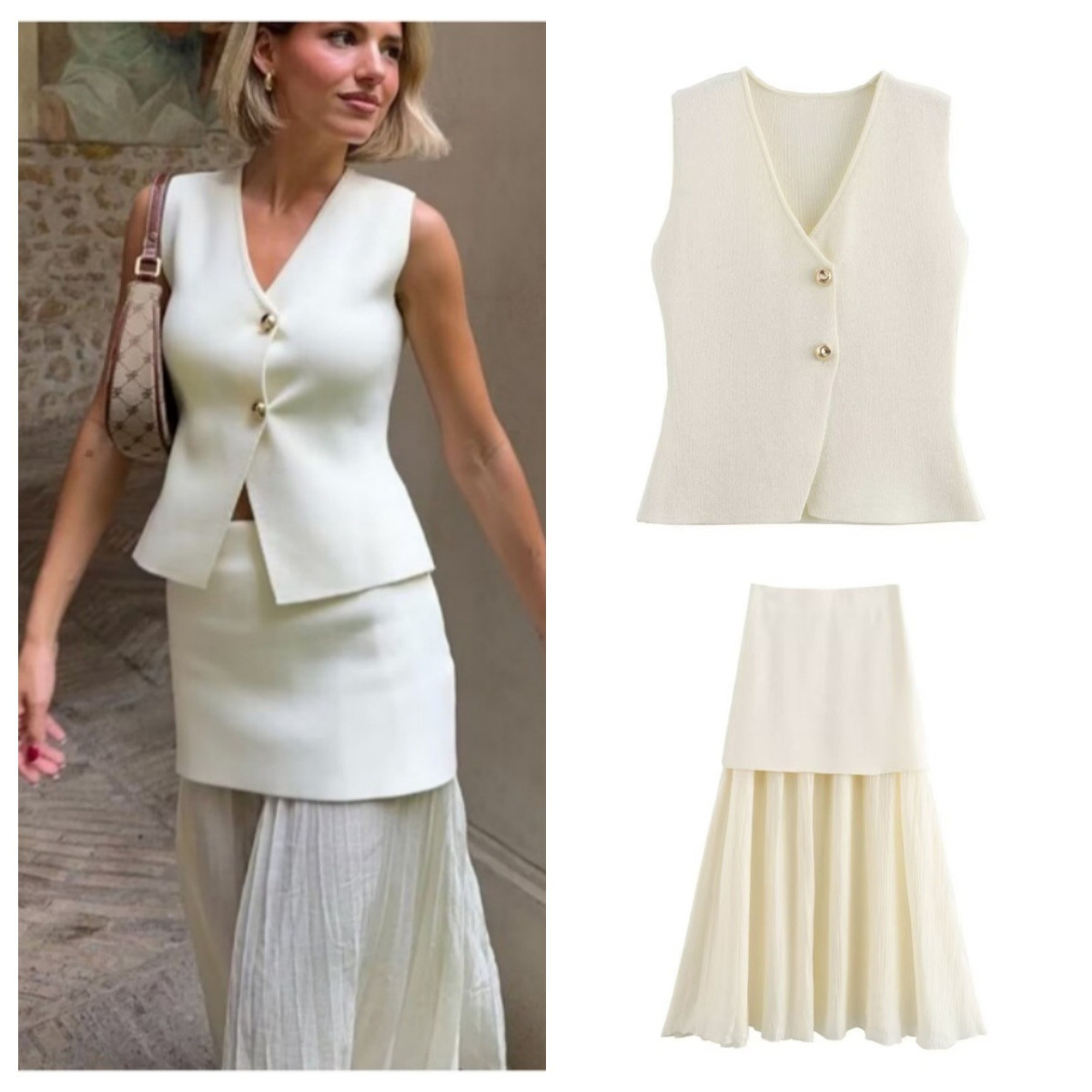 Cross border summer women's clothing new European and American style set dress solid color slim fit knitted vest top half skirt