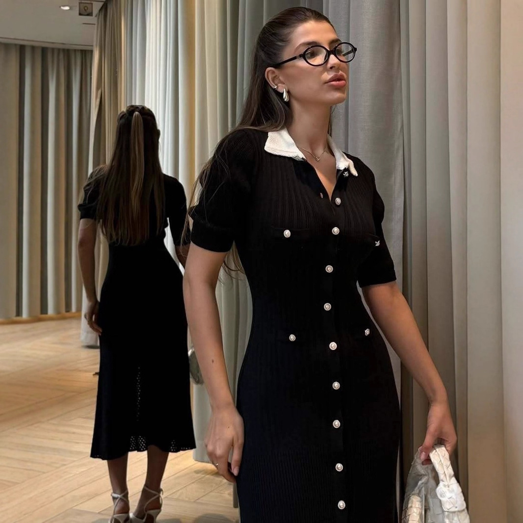 Cross border European and American AliExpress popular French SD home dress design sense and temperament V-neck single breasted knitted long skirt Cross border European and American AliExpress popular French SD home dress design sense and temperament V-neck single breasted knitted long skirt