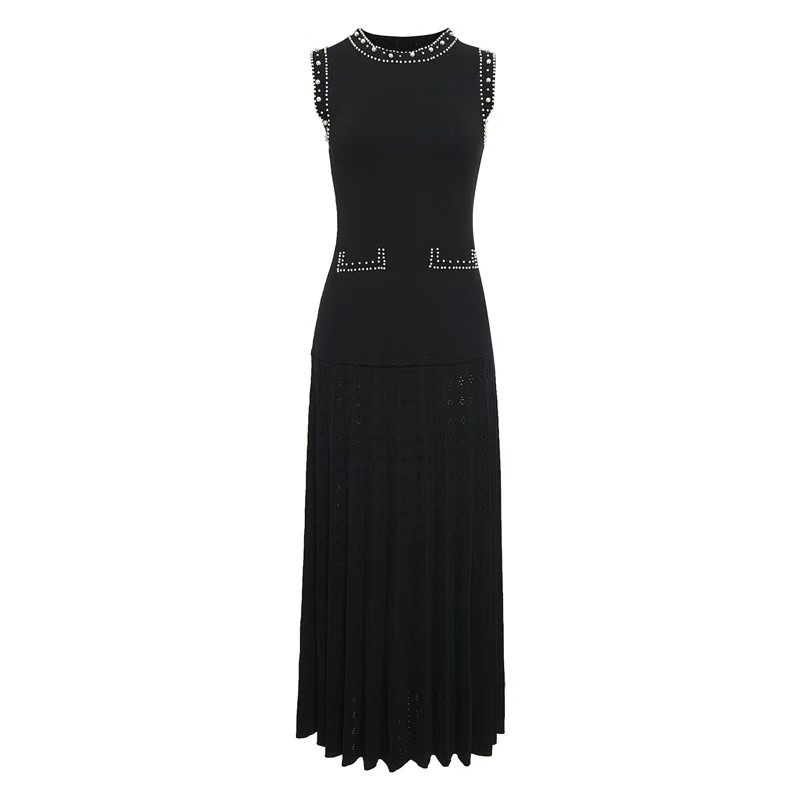 2025 AliExpress new women's round neck sleeveless long skirt, slim fit and waist cinched knitted skirt, heavy-duty nail bead dress