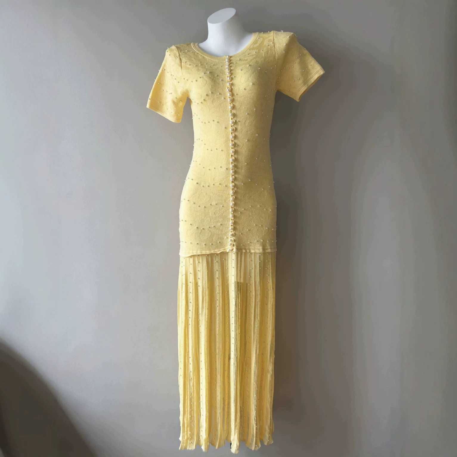 Summer New Cross border Super Heavy Industry Hollow Jacquard Embroidered Cannon Bead Round Neck Short Sleeve Knitted Dress