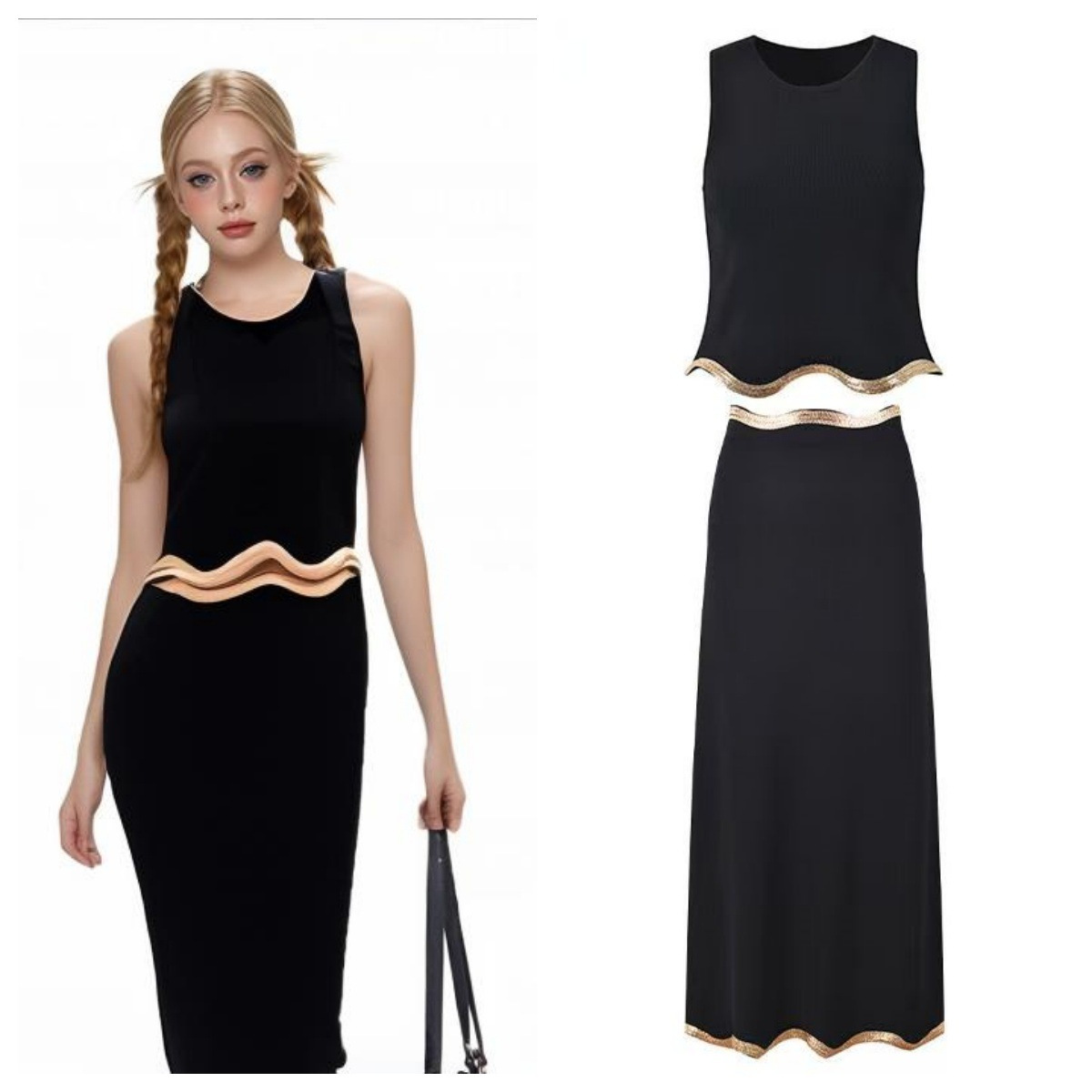 S Spring New Knitted Set Dress Fashionable Retro Simple Temperament Casual Versatile Diamond Set Coat