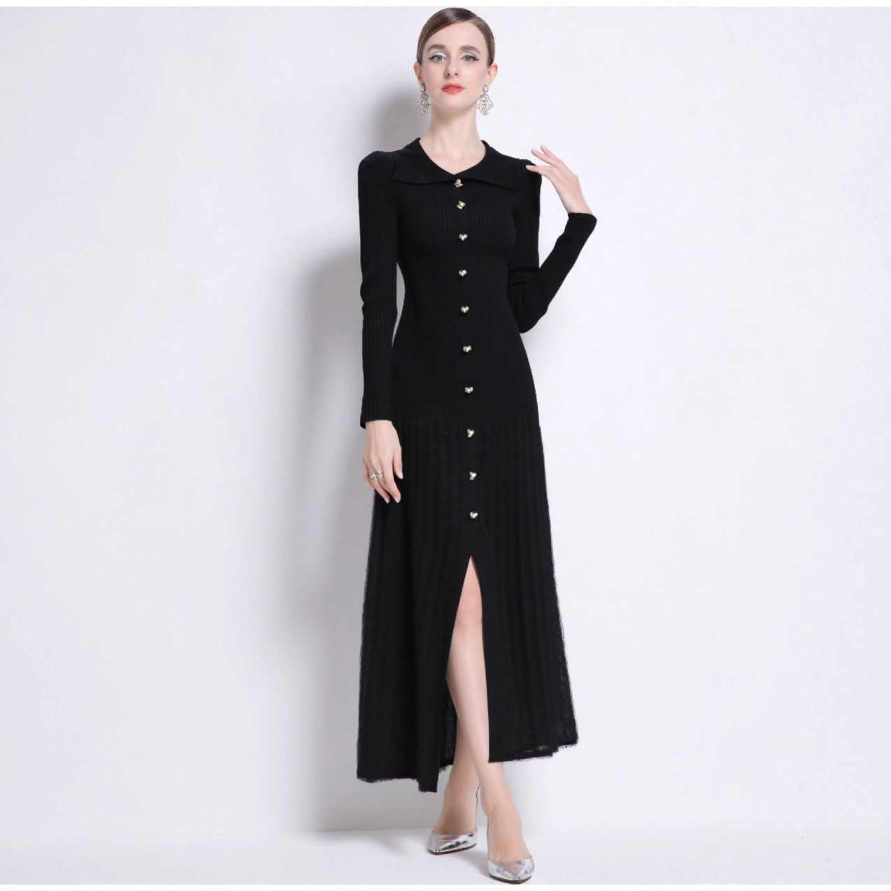 Cross border foreign trade, European and American women's clothing temperament, collar knitted long skirt, early autumn new long sleeved dress, high elasticity dress