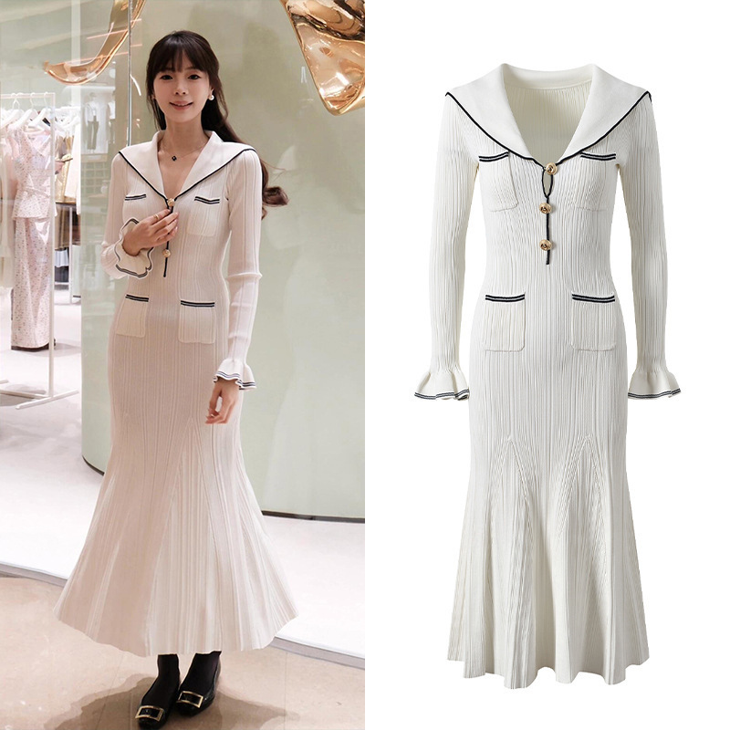 S Jia Yuan Dan Cross border 2025 Autumn and Winter New Fashion Knitted Long Sleeve High Waist Dress, Large Swing Long Dress, Women's Wear