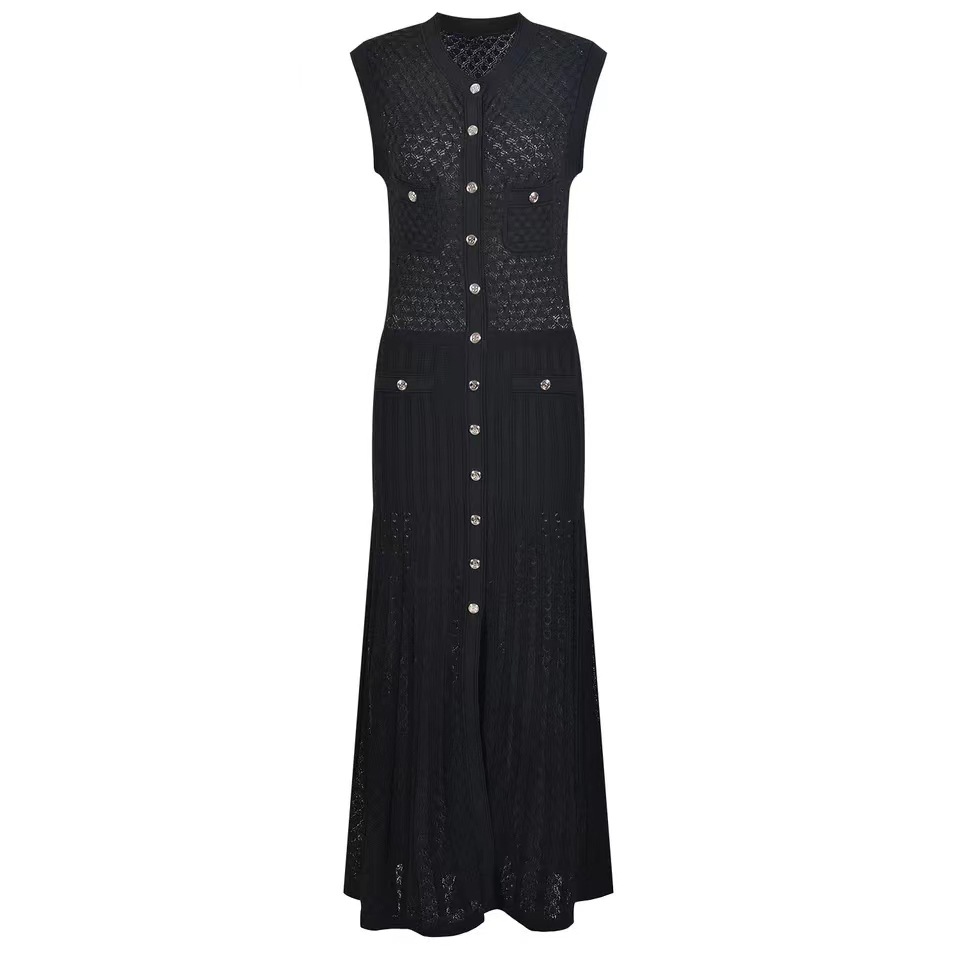 Cross border French style S Home 2025 summer new sleeveless knitted dress with hollowed out slim fit, small fragrance style, long style, small black Cross border French style S Home 2025 summer new sleeveless knitted dress with hollowed out slim fit, small fragrance style, long style, small black