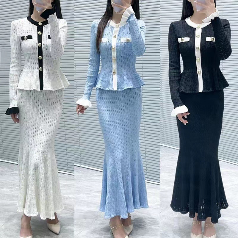 Cross border French autumn and winter new knitted dress elegant round neck ruffled waist cinched cardigan+skirt for socialites