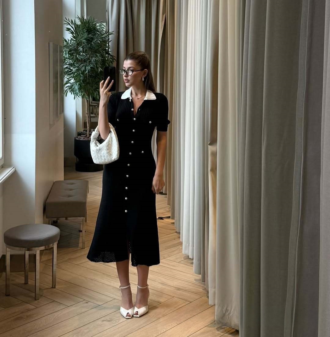 Cross border European and American AliExpress popular French SD home dress design sense and temperament V-neck single breasted knitted long skirt Cross border European and American AliExpress popular French SD home dress design sense and temperament V-neck single breasted knitted long skirt