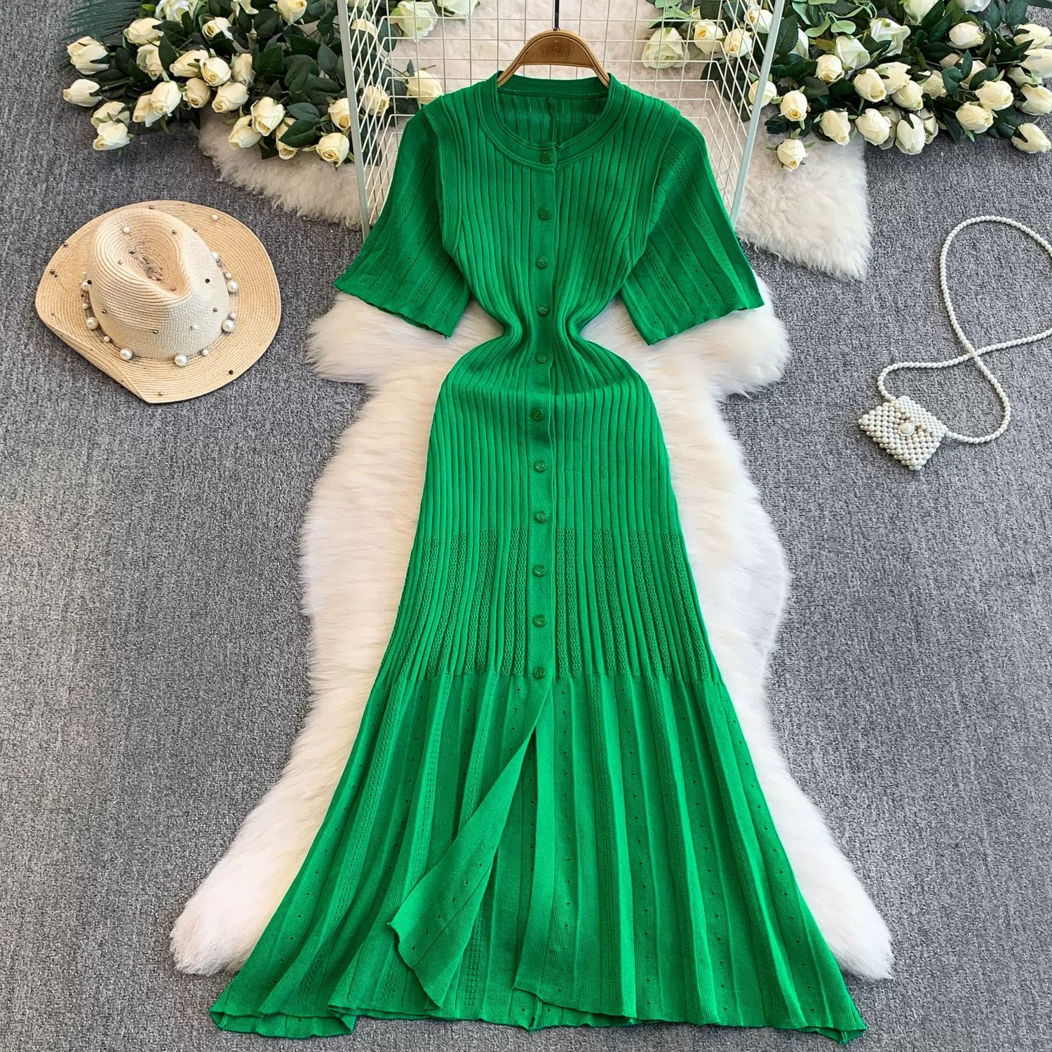 Slimming and slimming ice silk short sleeved knitted dress, fishtail long skirt, feminine temperament, 2025 summer wealthy heiress dress