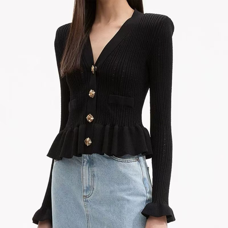 Elegant V-neck knitted sweater with temperament, long sleeved hollowed out sweater, metal buckle, ruffle edge knitted cardigan, European and American cross-border