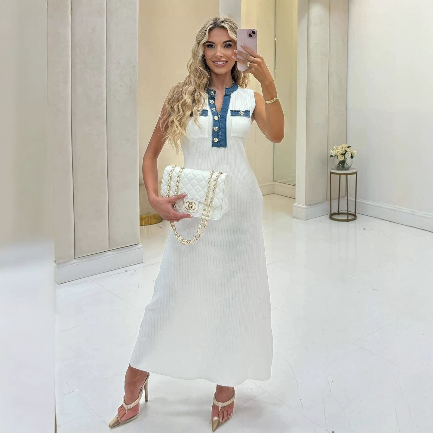S Family French style short sleeved A-line knitted dress, simple and atmospheric long skirt, waist cinching slimming fur dress, summer mini skirt