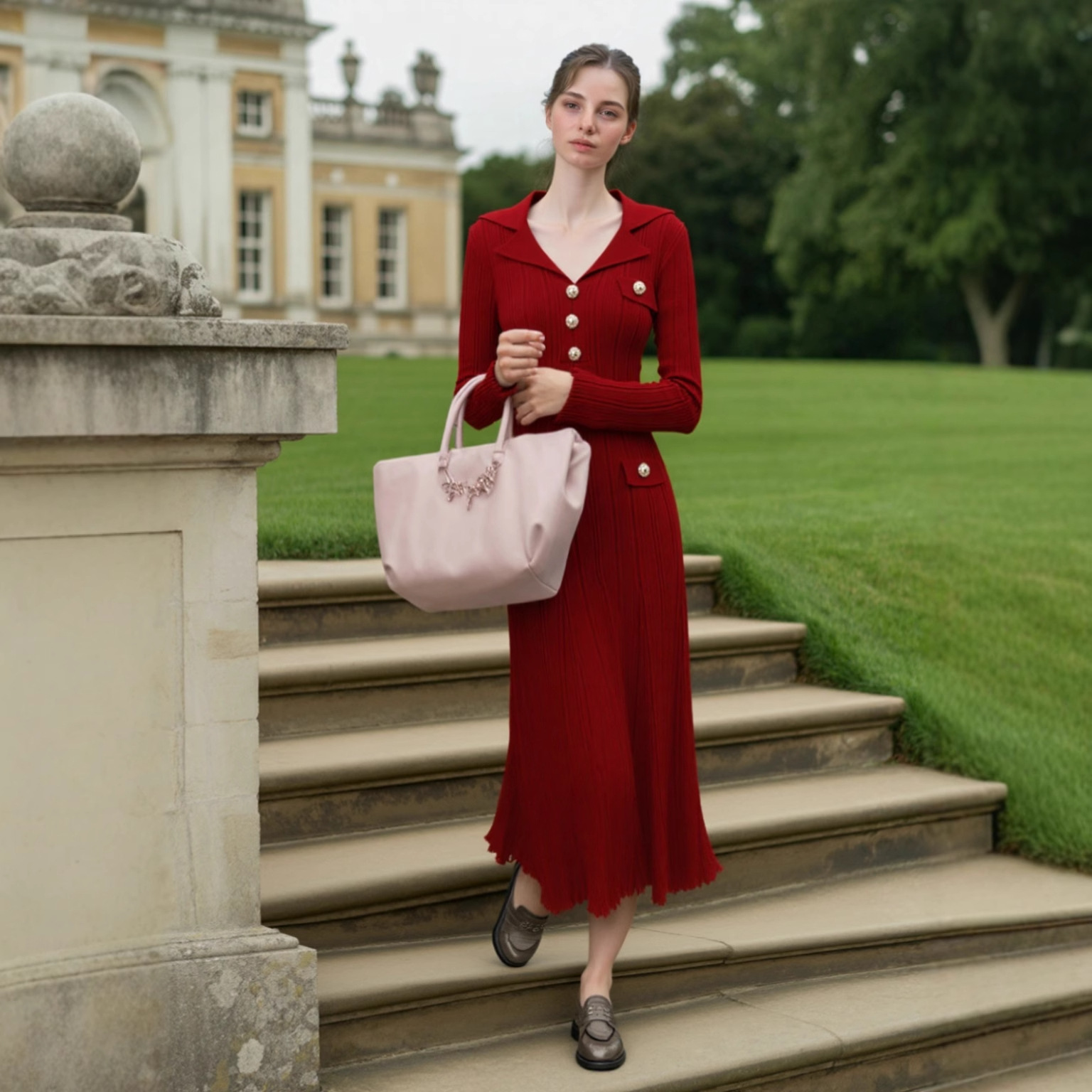 2025 Early Autumn Dress Vacation Seaside Skirt V-neck Long Sleeve Knitted High Waist Big Swing Long Dress