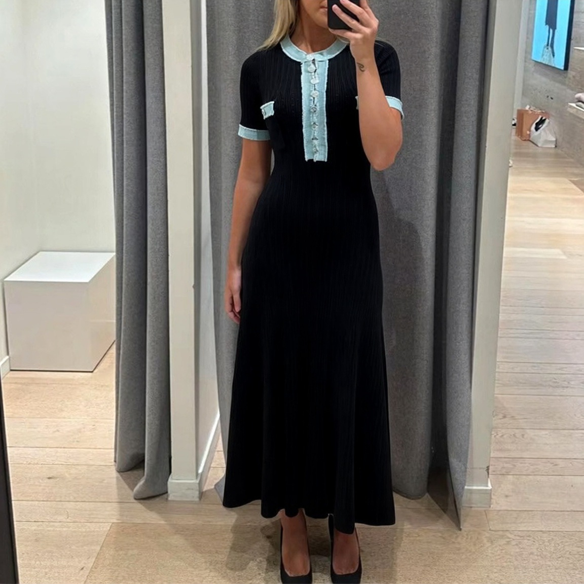 Cross border European and American style summer women's clothing new fashion round neck denim single breasted spliced knitted short sleeved dress