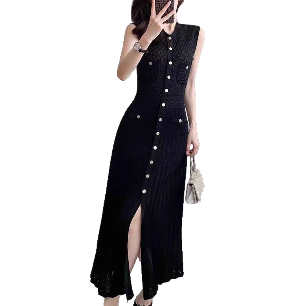 2025 Summer French style niche single breasted fashionable elegant slimming knitted dress women's long skirt sleeveless small stature 2025 Summer French style niche single breasted fashionable elegant slimming knitted dress women's long skirt sleeveless small stature
