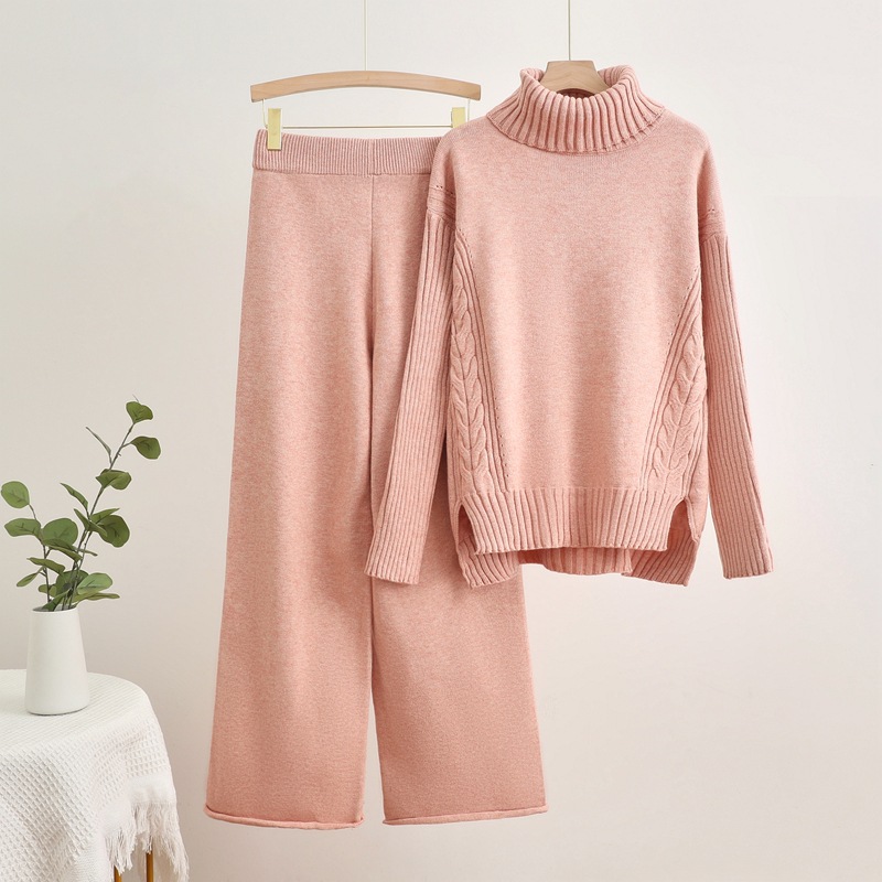 New autumn and winter knitted suit with a casual and split design, featuring a high neck sweater and solid color wide leg pants in a two-piece set