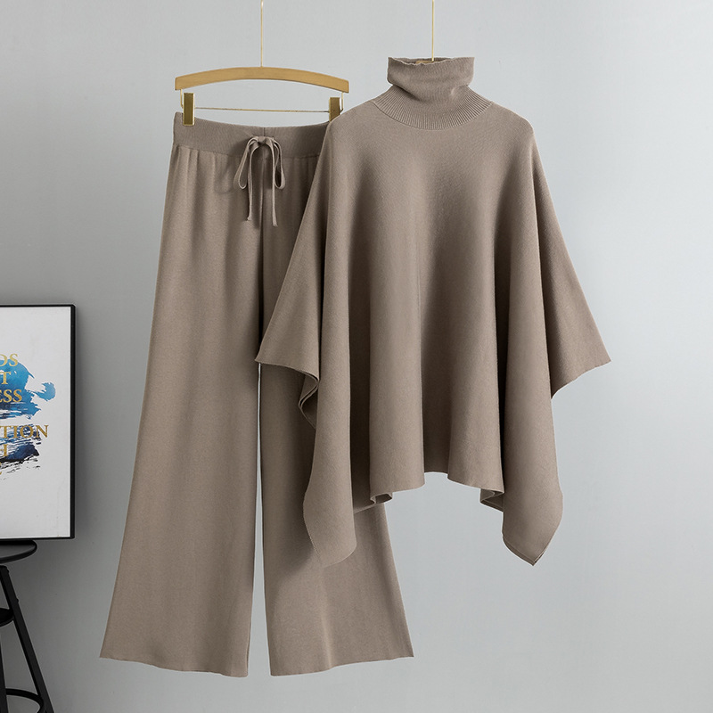 2026 autumn and winter new European and American foreign trade fashion two-piece set women's high neck cape knitted wide leg pants temperament set women