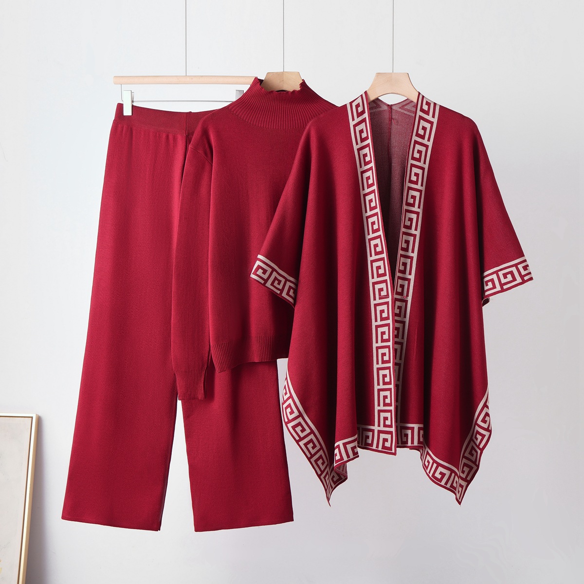 26 year cross-border loose and lazy mid neck pullover knitted sweater paired with a shawl cloak jacket and wide leg pants three piece set 26 year cross-border loose and lazy mid neck pullover knitted sweater paired with a shawl cloak jacket and wide leg pants three piece set